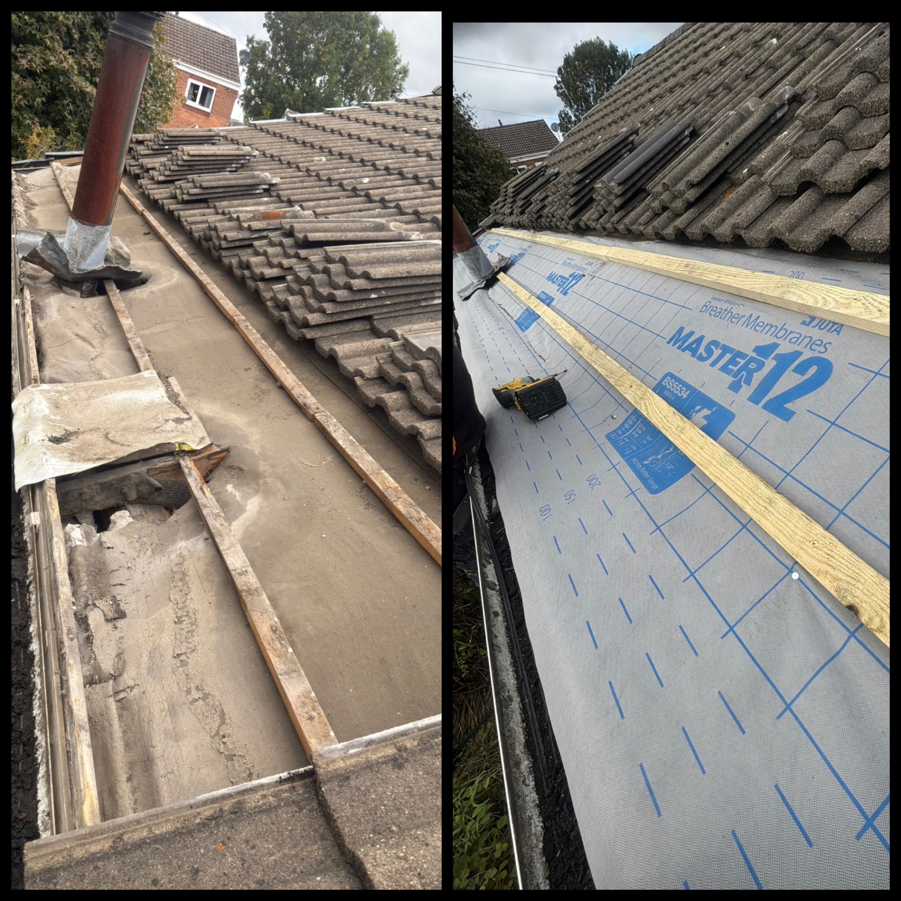 Re-roof in progress — new battens and breather membrane